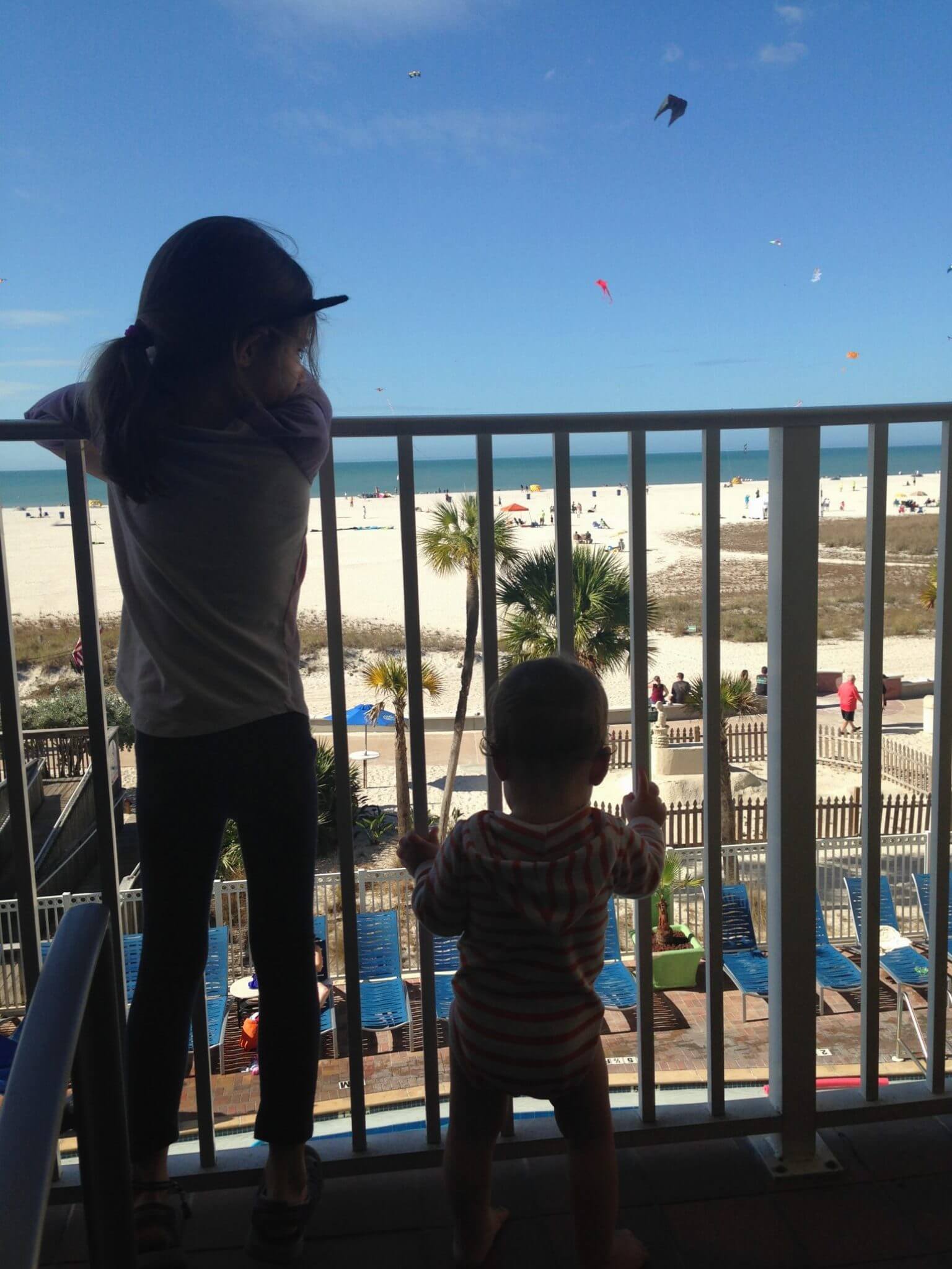 Watching kites from our balcony at the Bilmar Beach Resrt in Treasure Island, Florida.