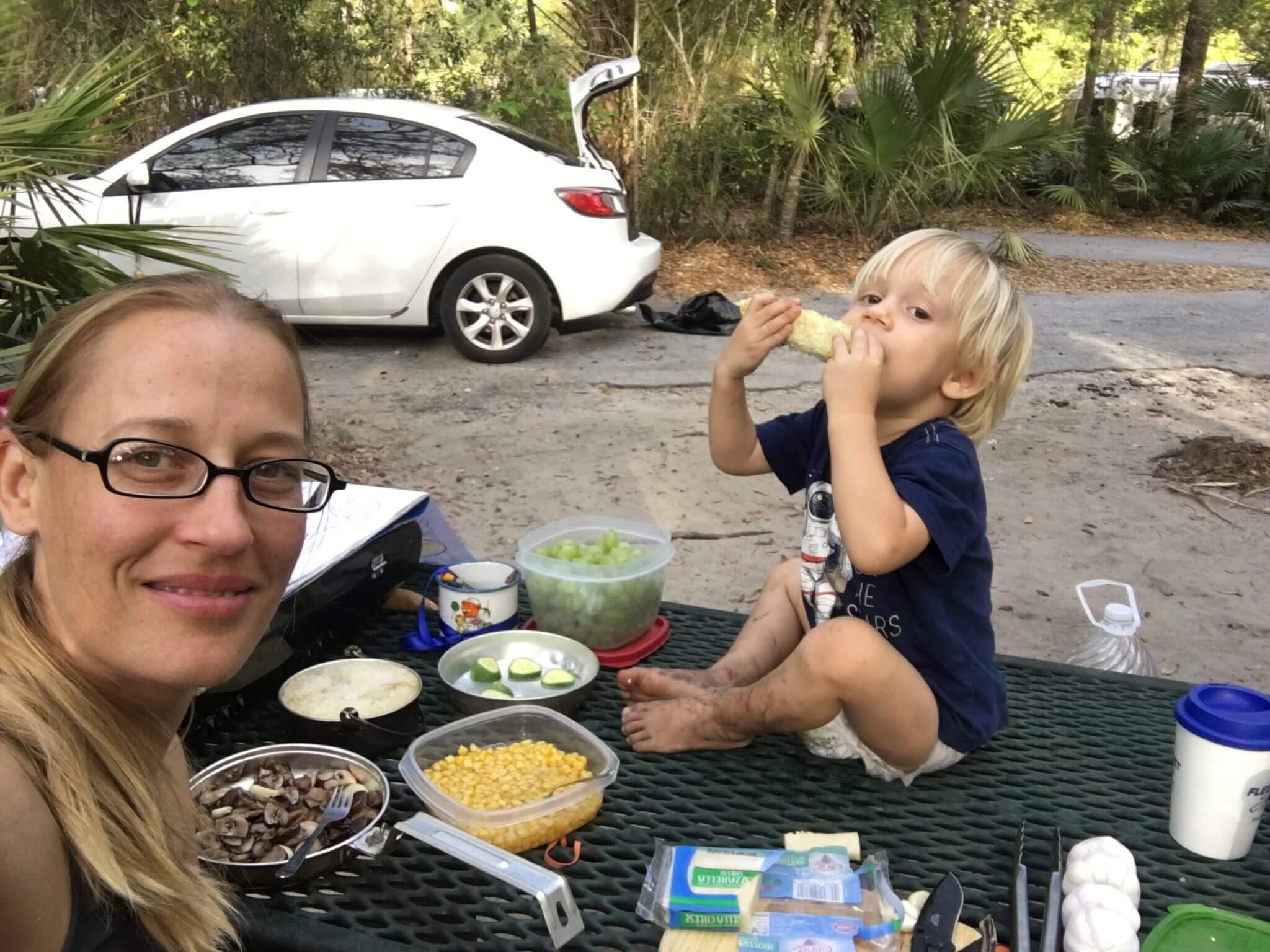 Keep food simple when tent camping with a toddler. For more Family Travel Tips, join us at www.HuntingforRubies.com
